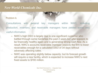 New World Chemicals Inc.

 Problem b

 Consultations   with   several      key        managers                  within   NWC,   including
 production, inventory, and receivable managers have yielded some very
 useful information.
     – NWC’s high DSO is largely due to one significant customer who
       battled through some hardships the past 2 years but who appears to
       be financially healthy again and is generating strong cash flow. As a
       result, NWC’s accounts receivable manager expects the firm to lower
       receivables enough for a calculated DSO of 34 days without
       adversely affecting sales.
     – NWC was operating slightly below capacity; but its forecast growth
       will require a new facility, which is expected to increase NWC’s next
       fixed assets to $700 million.


                             New World Chemicals Inc. – Integrated Case
                                       Financial Forecasting
                                             FINMAN1
 