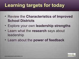 Learning targets for today Review the  Characteristics of Improved School Districts Explore your own  leadership strengths Learn what the  research  says about leadership Learn about the  power of feedback www.leadershipinnovationsteam.com 