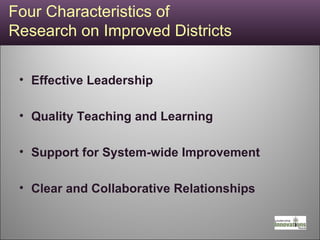 Four Characteristics of  Research on Improved Districts Effective Leadership Quality Teaching and Learning Support for System-wide Improvement Clear and Collaborative Relationships 