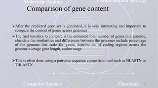 Comparison of gene content
After the predicted gene set is generated, it is very interesting and important to
compare the content of genes across genomes
The first statistics to compare is the estimated total number of genes in a genome,
elucidate the similarities and differences between the genomes include percentage
of the genome that code for genes, distribution of coding regions across the
genome average gene length, codon usage
This is often done using a pairwise sequence comparison tool such as BLASTN or
TBLASTX
26
 