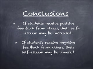 Conclusions 
If students receive positive 
feedback from others, their self-esteem 
may be increased. 
If student’s receive negative 
feedback from others, their 
self-esteem may be lowered. 

