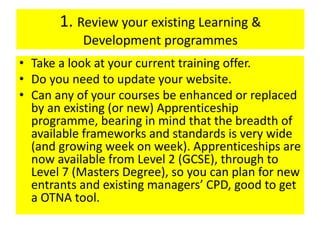 1. Review your existing Learning &
Development programmes
• Take a look at your current training offer.
• Do you need to update your website.
• Can any of your courses be enhanced or replaced
by an existing (or new) Apprenticeship
programme, bearing in mind that the breadth of
available frameworks and standards is very wide
(and growing week on week). Apprenticeships are
now available from Level 2 (GCSE), through to
Level 7 (Masters Degree), so you can plan for new
entrants and existing managers’ CPD, good to get
a OTNA tool.
 