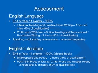 Assessment
English Language
• End of Year 11 exams – 100%
• Literature Reading and Creative Prose Writing – 1 hour 45
mins (40% of qualification)
• C19th and C20th Non –Fiction Reading and Transactional /
Persuasive Writing – 2 hours (60% of qualification)
• Speaking and Listening assessments – assessed separately
English Literature
• End of Year 11 exams – 100% (closed book)
• Shakespeare and Poetry – 2 hours (40% of qualification)
• Post-1914 Prose or Drama, C19th Prose and Unseen Poetry
– 2 hours and 30 minutes (60% of qualification)
 