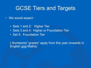 GCSE Tiers and Targets
• We would expect :
• Sets 1 and 2: Higher Tier
• Sets 3 and 4: Higher or Foundation Tier
• Set 5: Foundation Tier
( Numbered “grades” apply from this year onwards in
English and Maths)
 