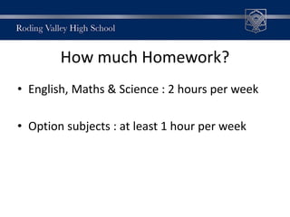 How much Homework?
• English, Maths & Science : 2 hours per week
• Option subjects : at least 1 hour per week
 