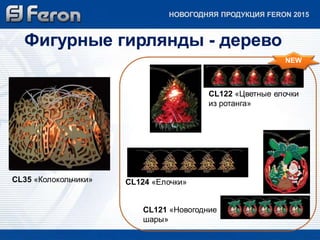 НОВОГОДНЯЯ ПРОДУКЦИЯ FERON 2015 
Фигурные гирлянды - дерево 
CL35 «Колокольчики» CL124 «Елочки» 
CL122 «Цветные елочки 
из ротанга» 
CL121 «Новогодние 
шары» 
NEW 
 