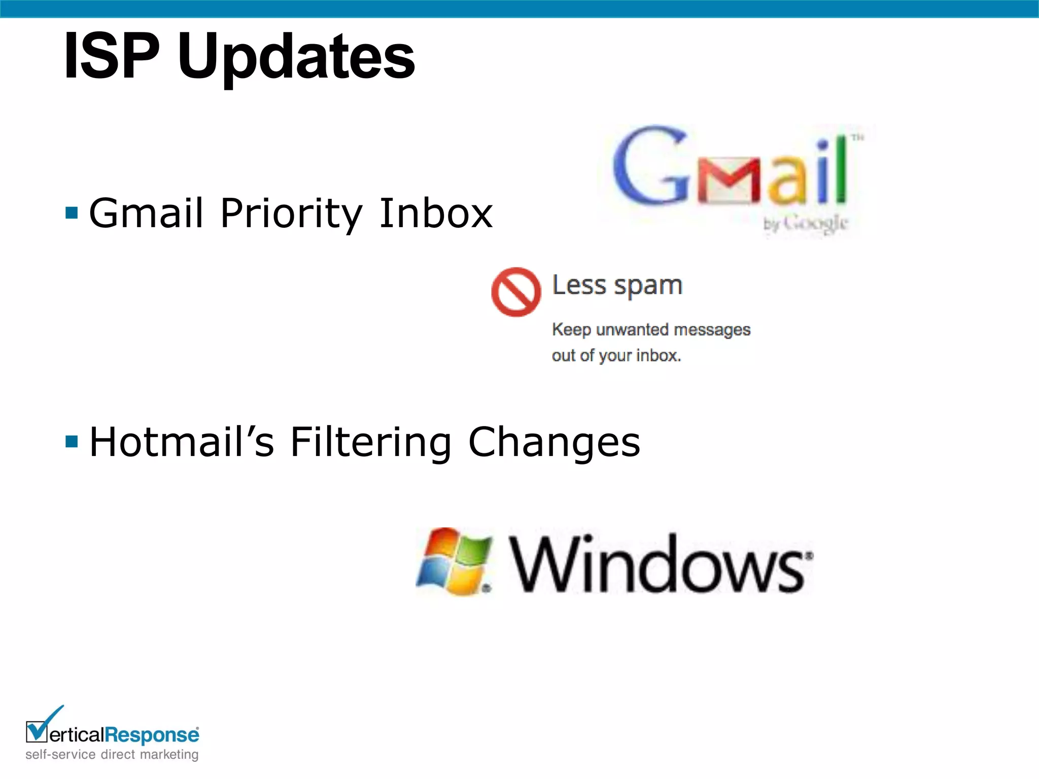 ISP Updates

 Gmail Priority Inbox




 Hotmail’s Filtering Changes
 