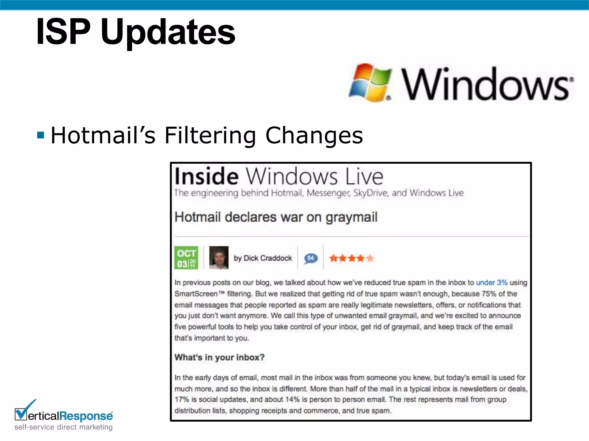 ISP Updates

 Hotmail’s Filtering Changes
 