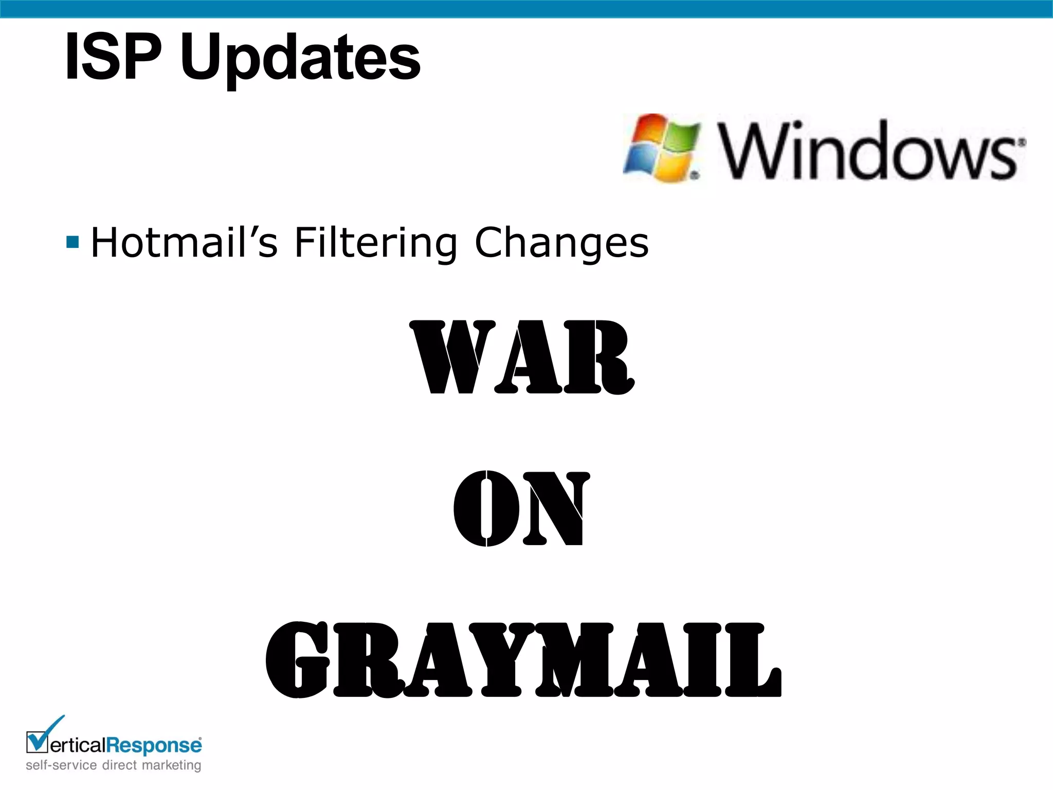 ISP Updates

 Hotmail’s Filtering Changes


                 WAR
                  On
 