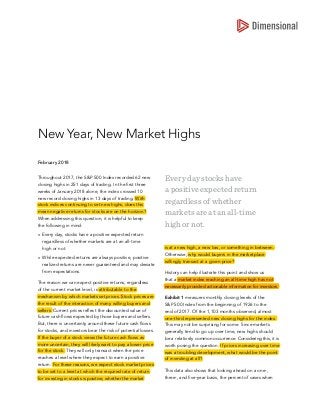 Throughout 2017, the S&P 500 Index recorded 62 new
closing highs in 251 days of trading. In the first three
weeks of January 2018 alone, the index crossed 10
new record closing highs in 13 days of trading. With
stock indices continuing to set new highs, does this
mean negative returns for stocks are on the horizon?
When addressing this question, it is helpful to keep
the following in mind:
nn Every day, stocks have a positive expected return
regardless of whether markets are at an all-time
high or not.
nn While expected returns are always positive, positive
realized returns are never guaranteed and may deviate
from expectations.
The reason we can expect positive returns, regardless
of the current market level, is attributable to the
mechanism by which markets set prices. Stock prices are
the result of the interaction of many willing buyers and
sellers. Current prices reflect the discounted value of
future cash flows expected by those buyers and sellers.
But, there is uncertainty around these future cash flows
for stocks, and investors bear the risk of potential losses.
If the buyer of a stock views the future cash flows as
more uncertain, they will likely want to pay a lower price
for the stock. They will only transact when the price
reaches a level where they expect to earn a positive
return. For these reasons, we expect stock market prices
to be set to a level at which the required rate of return
for investing in stocks is positive, whether the market
is at a new high, a new low, or something in between.
Otherwise, why would buyers in the marketplace
willingly transact at a given price?
History can help illustrate this point and show us
that a market index reaching an all-time high has not
necessarily provided actionable information for investors.
Exhibit 1 measures monthly closing levels of the
S&P 500 Index from the beginning of 1926 to the
end of 2017. Of the 1,103 months observed, almost
one‑third represented new closing highs for the index.
This may not be surprising for some. Since markets
generally tend to go up over time, new highs should
be a relatively common occurrence. Considering this, it is
worth posing the question: If prices increasing over time
was a troubling development, what would be the point
of investing at all?
This data also shows that looking ahead on a one-,
three-, and five-year basis, the percent of cases when
New Year, New Market Highs
February 2018
Every day stocks have
a positive expected return
regardless of whether
markets are at an all‑time
high or not.
 