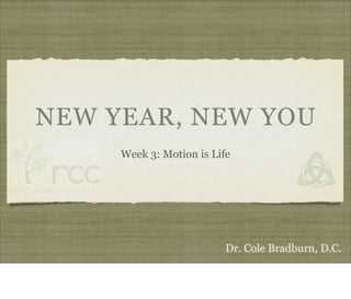 NEW YEAR, NEW YOU
     Week 3: Motion is Life




                          Dr. Cole Bradburn, D.C.
 