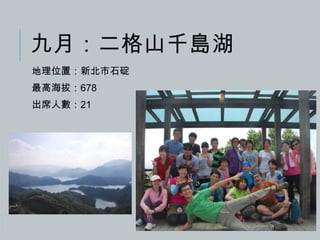 九月：二格山千島湖
地理位置：新北市石碇
最高海拔：678
出席人數：21

 