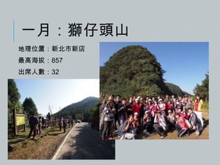 一月：獅仔頭山
地理位置：新北市新店
最高海拔：857
出席人數：32

 