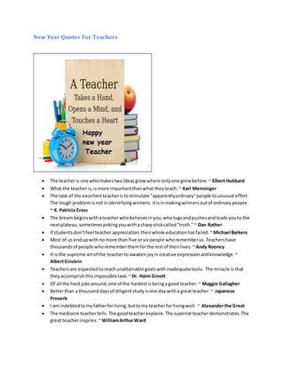 New Year Quotes For Teachers
 The teacheris one whomakestwoideasgrow where onlyone grew before.~ Elbert Hubbard
 What the teacheris,is more importantthanwhat theyteach.~ Karl Menninger
 The task of the excellentteacheristostimulate "apparentlyordinary"people tounusual effort.
The tough problemisnotinidentifyingwinners: itisinmakingwinnersoutof ordinarypeople.
~ K. Patricia Cross
 The dream beginswithateacherwhobelievesinyou,whotugsandpushesandleadsyouto the
nextplateau,sometimespokingyouwithasharpstickcalled"truth."~ Dan Rather
 If studentsdon’tfeel teacher appreciation,theirwhole educationhasfailed.~ Michael Barkers
 Most of us endupwithno more than five orsix people whorememberus.Teachershave
thousandsof people whorememberthemforthe restof theirlives.~ Andy Rooney
 It isthe supreme artof the teacherto awakenjoyincreative expressionandknowledge.~
AlbertEinstein
 Teachersare expectedtoreachunattainable goalswithinadequatetools. The miracle isthat
theyaccomplishthisimpossibletask.~Dr. Haim Ginott
 Of all the hard jobsaround,one of the hardestisbeingagood teacher.~ Maggie Gallagher
 Betterthan a thousanddaysof diligentstudyisone daywitha greatteacher.~ Japanese
Proverb
 I am indebtedtomyfatherforliving,buttomy teacherforlivingwell. ~ Alexanderthe Great
 The mediocre teachertells.The goodteacherexplains.The superiorteacherdemonstrates.The
great teacherinspires.~WilliamArthurWard
 