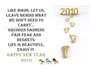 Like birds, let us, leave behind what we don’t need to carry… GRUDGES SADNESS PAIN FEAR and REGRETS. Life is beautiful, Enjoy it. HAPPY NEW YEAR 2010 