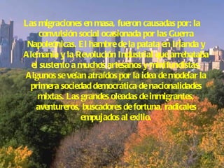Las migraciones en masa, fueron causadas por: la convulsión social ocasionada por las Guerra Napoleónicas. El hambre de la patata en Irlanda y Alemania y la Revolución Industrial que arrebataba el sustento a muchos artesanos y minifundistas. Algunos se veían atraídos por la idea de modelar la primera sociedad democrática de nacionalidades mixtas. Las grandes oleadas de inmigrantes, aventureros, buscadores de fortuna, radicales empujados al exilio. 