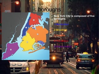 boroughs
     New York City is composed of five
     boroughs.

     1:Manhattan

     2:Brooklyn

     3:Queens

     4:The Bronx

     5:Staten Island
 