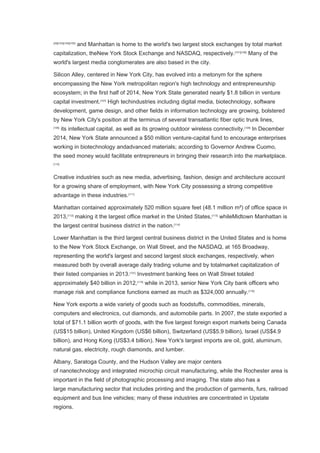 [20][103][104][105]
and Manhattan is home to the world's two largest stock exchanges by total market
capitalization, theNew York Stock Exchange and NASDAQ, respectively.[101][106]
Many of the
world's largest media conglomerates are also based in the city.
Silicon Alley, centered in New York City, has evolved into a metonym for the sphere
encompassing the New York metropolitan region's high technology and entrepreneurship
ecosystem; in the first half of 2014, New York State generated nearly $1.8 billion in venture
capital investment.[107]
High techindustries including digital media, biotechnology, software
development, game design, and other fields in information technology are growing, bolstered
by New York City's position at the terminus of several transatlantic fiber optic trunk lines,
[108]
its intellectual capital, as well as its growing outdoor wireless connectivity.[109]
In December
2014, New York State announced a $50 million venture-capital fund to encourage enterprises
working in biotechnology andadvanced materials; according to Governor Andrew Cuomo,
the seed money would facilitate entrepreneurs in bringing their research into the marketplace.
[110]
Creative industries such as new media, advertising, fashion, design and architecture account
for a growing share of employment, with New York City possessing a strong competitive
advantage in these industries.[111]
Manhattan contained approximately 520 million square feet (48.1 million m²) of office space in
2013,[112]
making it the largest office market in the United States,[113]
whileMidtown Manhattan is
the largest central business district in the nation.[114]
Lower Manhattan is the third largest central business district in the United States and is home
to the New York Stock Exchange, on Wall Street, and the NASDAQ, at 165 Broadway,
representing the world's largest and second largest stock exchanges, respectively, when
measured both by overall average daily trading volume and by totalmarket capitalization of
their listed companies in 2013.[101]
Investment banking fees on Wall Street totaled
approximately $40 billion in 2012,[115]
while in 2013, senior New York City bank officers who
manage risk and compliance functions earned as much as $324,000 annually.[116]
New York exports a wide variety of goods such as foodstuffs, commodities, minerals,
computers and electronics, cut diamonds, and automobile parts. In 2007, the state exported a
total of $71.1 billion worth of goods, with the five largest foreign export markets being Canada
(US$15 billion), United Kingdom (US$6 billion), Switzerland (US$5.9 billion), Israel (US$4.9
billion), and Hong Kong (US$3.4 billion). New York's largest imports are oil, gold, aluminum,
natural gas, electricity, rough diamonds, and lumber.
Albany, Saratoga County, and the Hudson Valley are major centers
of nanotechnology and integrated microchip circuit manufacturing, while the Rochester area is
important in the field of photographic processing and imaging. The state also has a
large manufacturing sector that includes printing and the production of garments, furs, railroad
equipment and bus line vehicles; many of these industries are concentrated in Upstate
regions.
 
