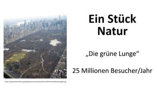Ein Stück
Natur
„Die grüne Lunge“
25 Millionen Besucher/Jahr
https://upload.wikimedia.org/wikipedia/commons/a/ad/CentralParkFromAboveCropped.jpg
 