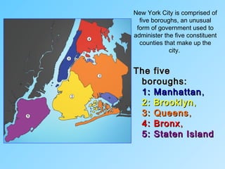 The fiveThe five
boroughs:boroughs:
1: Manhattan1: Manhattan,,
2: Brooklyn2: Brooklyn,,
3: Queens3: Queens,,
4: Bronx4: Bronx,,
5: Staten Island5: Staten Island
New York City is comprised of
five boroughs, an unusual
form of government used to
administer the five constituent
counties that make up the
city.
 