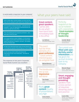 neTWorKInG




Is social media is important to your company?
If so, the Corporate Social Media Summit is important, too            What your peers have said:
  With our high caliber corporate speakers, you hear only from
  those that are walking the walk instead of just talking the talk.    Great content,                         Perfectly
  You’re assured of unbiased information – well-balanced and
                                                                       great speakers.                        targeted at the
  innovative – so you can make better-informed decisions the           I will be able                         social marketer
  moment you get back to the office.
                                                                       to use what I                          with corporations
                                                                       have learnt here                       - Great examples
  This is the meeting place for corporate practitioners – and a
  great way to meet your peers.                                        immediately back                       of thought
                                                                       in the office                          leadership
  You’ll acquire premium market intelligence. As the sessions
  knit together you’ll be able to benchmark from social media              Lori DeFurio                          Jennifer Wendt
  leaders learning how to recognize- and avoid – the mistakes              Social	Media	Strategist,	Adobe        Social	Media	Director,	
  they have already made.                                                                                        Schneider Electric



  An even more interactive format carves out extra time for you        This event
  to ask important questions that will shape your future strategy
                                                                       had the three                          The summit was
                                                                       elements of a                          filled with won-
  Get the tools you need to define and measure the
  effectiveness of your social media policy – and make the             great conference                       derfully useful
  C-suite smile.
                                                                       – Great content,                       information and
                                                                       interesting peo-                       has given me
                                                                       ple and great food                     so much to bring
The response to last year’s Corporate
                                                                                                              back to my
Social Media Summit was excellent                                          Michael Brenner
                                                                           Marketing	Senior	Director,	SAP
                                                                                                              company


                              90% 98%
                                                                                                                 Sheerah Singer
                                                                       The blockbuster                           Director	-	Marketing	&	
                                                                                                                 Communications,	Penn	Mutual


         79%                       Would
                             recommend
                                                           learnt
                                                     something
                                                                       line up was
                                                                       impressive –
                                                                                                              Smart, engaging
                                                        new that       well done!
             of last         to someone               they could                                              and thought
              years               in their             take back           Tom Hoehn
         attendees               position                                  Interactive	Marketing	Director,	   provoking
                                                    to the office
              were                                     with them
                                                                           Kodak
                                                                                                              speakers from
        corporates                                       straight                                             a cross section
        working in                                          away       Really great
        big brands
                                                                                                              of industries
                                                                       content. Quality                       delivering useful
                                                                       of presentations                       best practice
                                                                       very high
                                                                                                                 Lauren Alba
                                                                           Amber Banks                           Manager,	Social	Marketing	and	
                                                                           Account	Manager,	BO.LT
                                                                                                                 Communications,	American	
                                                                                                                 Express Publishing
 