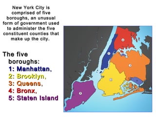 The fiveThe five
boroughs:boroughs:
1: Manhattan1: Manhattan,,
2: Brooklyn2: Brooklyn,,
3: Queens3: Queens,,
4: Bronx4: Bronx,,
5: Staten Island5: Staten Island
New York City is
comprised of five
boroughs, an unusual
form of government used
to administer the five
constituent counties that
make up the city.
 