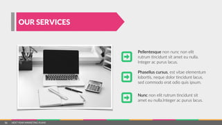 NEXT  YEAR  MARKETING  PLANS
Pellentesque  non  nunc  non  elit    
rutrum  =ncidunt  sit  amet  eu  nulla.    
Integer  ac  purus  lacus.
Phasellus  cursus,  est  vitae  elementum  
lobor=s,  neque  dolor  =ncidunt  lacus,  
sed  commodo  erat  odio  quis  ipsum.
Nunc  non  elit  rutrum  =ncidunt  sit    
amet  eu  nulla.Integer  ac  purus  lacus.
OUR SERVICES
11
 