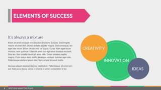 NEXT  YEAR  MARKETING  PLANS
INNOVATION
Etiam sit amet orci eget eros faucibus tincidunt. Duis leo. Sed fringilla
mauris sit amet nibh. Donec sodales sagittis magna. Sed consequat, leo
eget bibe ndum. Etiam ultricies nisi vel augue. Curab Nam eget duium
rhoncus, sem quam se Etiam sit amet orci eget eros faucibus tincidunt.
Duis leo. Sed fringilla mauris sit amet nibh. Donec sodales sagittis
magna. Proin metus diam, mattis et aliquet volutpat, pulvinar eget odio.
Pellentesque eleifend ipsum felis. Nam ornare tincidunt mattis.
Quisque aliquet placerat diam ac vestibulum. Pellentesque sit amet sem
est. Duis purus lacus, varius id viverra sit amet, consectetur id leo.
It's  always  a  mixture
CREATIVITY
IDEAS
ELEMENTS OF SUCCESS
2
 
