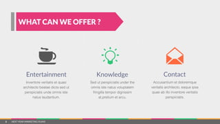 NEXT  YEAR  MARKETING  PLANS
Accusantium et doloremque
veritatis architecto, eaque ipsa
quae ab illo inventore veritatis
perspiciatis.
Contact
Sed ut perspiciatis under the
omnis iste natus voluptatem
fringilla tempor dignissim
at,pretium et arcu.
Knowledge
Inventore veritatis et quasi
architecto beatae dicta sed ut
perspiciatis unde omnis iste
natus laudantium.
Entertainment
WHAT CAN WE OFFER ?
3
 