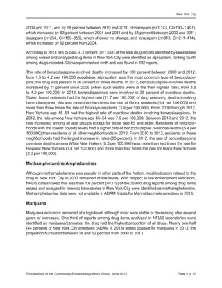 New York City
Page 8 of 17Proceedings of the Community Epidemiology Work Group, June 2014
2009 and 2011, and by 18 percent between 2010 and 2011; clonazepam (n=1,143, CI=790–1,497),
which increased by 83 percent between 2004 and 2011 and by 53 percent between 2009 and 2011;
diazepam (n=254, CI=159–350), which showed no change; and lorazepam (n=313, CI=211–414),
which increased by 82 percent from 2004.
According to 2013 NFLIS data, 4.3 percent (n=1,533) of the total drug reports identified by laboratories
among seized and analyzed drug items in New York City were identified as alprazolam, ranking fourth
among drugs reported. Clonazepam ranked ninth and was found in 492 reports.
The rate of benzodiazepine-involved deaths increased by 180 percent between 2000 and 2012,
from 1.5 to 4.2 per 100,000 population. Alprazolam was the most common type of benzodiaze-
pine; the drug was present in 26 percent of those deaths. In 2012, benzodiazepine-involved deaths
increased by 11 percent since 2006 (when such deaths were at the then highest rate), from 3.8
to 4.2 per 100,000. In 2012, benzodiazepines were involved in 38 percent of overdose deaths.
Staten Island residents had the highest rate (11.7 per 100,000) of drug poisoning deaths involving
benzodiazepines; this was more than two times the rate of Bronx residents (5.4 per 100,000) and
more than three times the rate of Brooklyn residents (3.9 per 100,000). From 2000 through 2012,
New Yorkers age 45–54 had the highest rate of overdose deaths involving benzodiazepines. In
2012, the rate among New Yorkers age 45–54 was 7.9 per 100,000. Between 2010 and 2012, the
rate increased among all age groups except for those age 65 and older. Residents of neighbor-
hoods with the lowest poverty levels had a higher rate of benzodiazepine overdose deaths (5.4 per
100,000) than residents of all other neighborhoods in 2012. From 2010 to 2012, residents of these
neighborhoods had the largest increase in rates (80 percent). In 2012, the rate of benzodiazepine
overdose deaths among White New Yorkers (8.3 per 100,000) was more than two times the rate for
Hispanic New Yorkers (3.4 per 100,000) and more than four times the rate for Black New Yorkers
(2.0 per 100,000).
Methamphetamine/Amphetamines
Although methamphetamine was popular in other parts of the Nation, most indicators related to the
drug in New York City in 2013 remained at low levels. With respect to law enforcement indicators,
NFLIS data showed that less than 1.0 percent (n=319) of the 35,605 drug reports among drug items
seized and analyzed in forensic laboratories in New York City were identified as methamphetamine.
Methamphetamine data were not available in ADAM II data for Manhattan male arrestees in 2013.
Marijuana
Marijuana indicators remained at a high level, although most were stable or decreasing after several
years of increases. One-third of reports among drug items analyzed in NFLIS laboratories were
identified as marijuana/cannabis; the drug had the highest proportion of all drugs. Nearly one-half
(44 percent) of New York City arrestees (ADAM II, 2013) tested positive for marijuana in 2013; the
proportion fluctuated between 38 and 52 percent from 2000 to 2013.
 