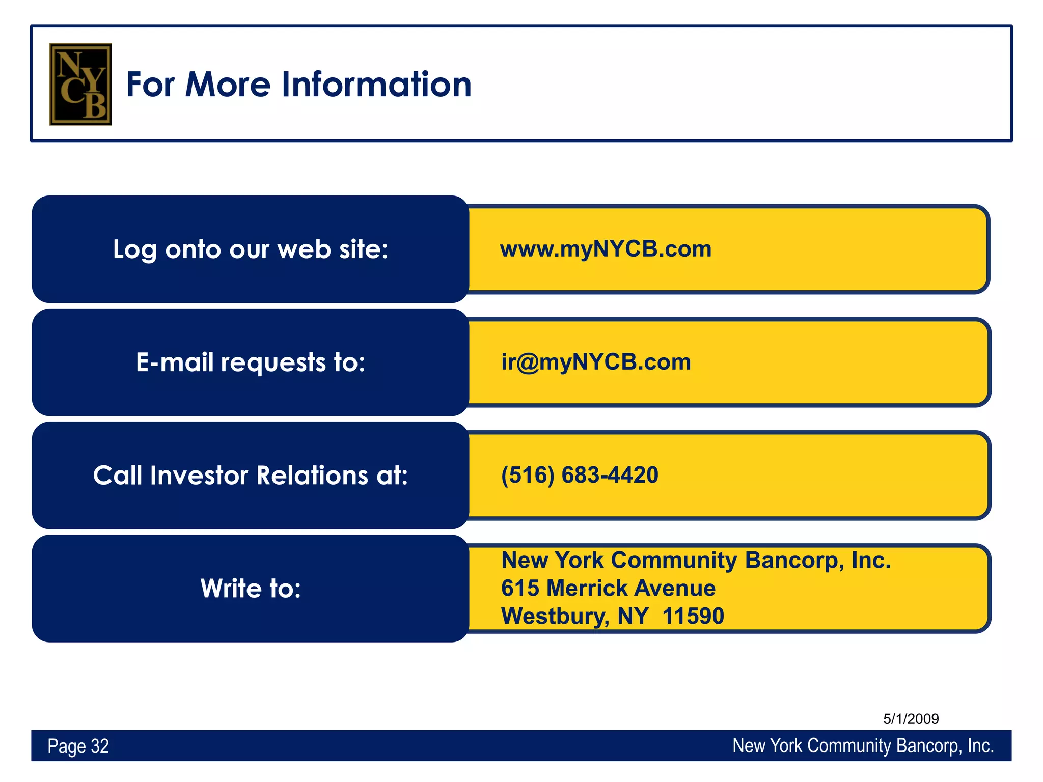Q1 2009 Earning Report of New York Community Bancorp