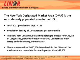 Latino Information Network at Rutgers



    The New York Designated Market Area (DMA) is the
    most densely populated area in the U.S.:
    • Total 2011 population: 20,977,155

    • Population density of 1,865 persons per square mile.

    • The New York DMA includes all five boroughs of New York City, all
      of Long Island, portions of New York State, Connecticut, New
      Jersey and Pike County, Pennsylvania.

    • There are more than 7,670,000 households in the DMA and the
      median annual household income is greater than $66,000.

Source: Geoscape American Marketscape DataStream™ and/or Consumer Spending Dynamix™ Series 2011
The Designated Market Area (DMA) boundaries are defined by Nielsen
 