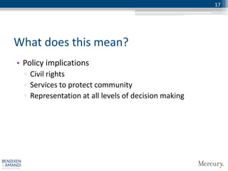 17




What does this mean?
• Policy implications
  ▫ Civil rights
  ▫ Services to protect community
  ▫ Representation at all levels of decision making
 