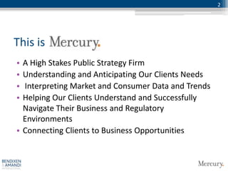2




This is
• A High Stakes Public Strategy Firm
• Understanding and Anticipating Our Clients Needs
• Interpreting Market and Consumer Data and Trends
• Helping Our Clients Understand and Successfully
  Navigate Their Business and Regulatory
  Environments
• Connecting Clients to Business Opportunities
 