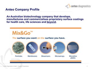 Anteo Company Profile
An Australian biotechnology company that develops,
manufactures and commercialises proprietary surface coatings
for health care, life sciences and beyond.
Anteo Diagnostics Limited I Investor Presentation 3
Mix&Go™
BiosensorsMembranes Microarrays Microtitre
plates
Particles
The surface you want on the surface you have.
 