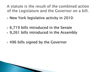 New York legislative activity in 2010:<br />6,719 bills introduced in the Senate<br />9,261 bills introduced in the Assemb...