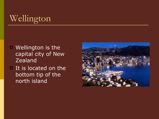 Wellington Wellington is the capital city of New Zealand It is located on the bottom tip of the north island 