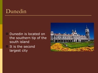 Dunedin Dunedin is located on the southern tip of the south island It is the second largest city 