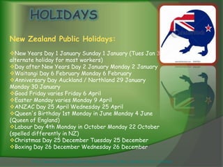 New Zealand Public Holidays:
New Years Day 1 January Sunday 1 January (Tues Jan 3
alternate holiday for most workers)
Day after New Years Day 2 January Monday 2 January
Waitangi Day 6 February Monday 6 February
Anniversary Day Auckland / Northland 29 January
Monday 30 January
Good Friday varies Friday 6 April
Easter Monday varies Monday 9 April
ANZAC Day 25 April Wednesday 25 April
Queen's Birthday 1st Monday in June Monday 4 June
(Queen of England)
Labour Day 4th Monday in October Monday 22 October
(spelled differently in NZ)
Christmas Day 25 December Tuesday 25 December
Boxing Day 26 December Wednesday 26 December

       http://www.tapeka.com/publicholidays.htm#2012_New_Zealand_Public_Holidays
 