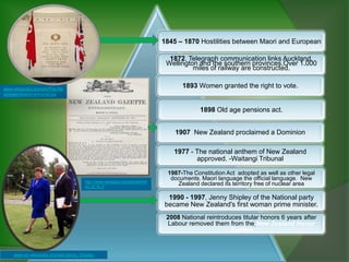1845 – 1870 Hostilities between Maori and European

                                                                                1872. Telegraph communication links Auckland,
                                                                               Wellington and the southern provinces.Over 1.000
                                                                                        miles of railway are constructed.

www.wikipedia.org/wiki/File:Ne
                                                                                    1893 Women granted the right to vote.
wzealandwarsmemorial.jpg


                                                                                           1898 Old age pensions act.


                                                                                  1907 New Zealand proclaimed a Dominion

                                                                                 1977 - The national anthem of New Zealand
                                                                                        approved. -Waitangi Tribunal

                                                                               1987-The Constitution Act adopted as well as other legal
                                                                                documents. Maori language the official language. New
                                       http://www.wikipedia.org/wiki/domini
                                       on_of_N_Z
                                                                                  Zealand declared its territory free of nuclear area

                                                                               1990 - 1997, Jenny Shipley of the National party
                                                                              became New Zealand's first woman prime minister.
                                                                               2008 National reintroduces titular honors 6 years after
                                                                               Labour removed them from the New Zealand Honor
                                                                                                      System


     www.en.wikipedia.org/wiki/Jenny_Shipley
 