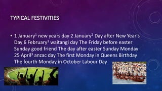• 1 January1 new years day 2 January2 Day after New Year's
Day 6 February3 waitangi day The Friday before easter
Sunday good friend The day after easter Sunday Monday
25 April3 anzac day The first Monday in Queens Birthday
The fourth Monday in October Labour Day
 