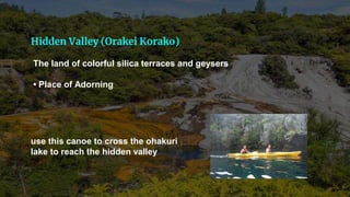 Hidden Valley (Orakei Korako)
The land of colorful silica terraces and geysers
• Place of Adorning
use this canoe to cross the ohakuri
lake to reach the hidden valley
 