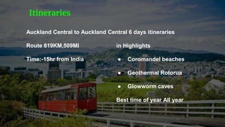 Auckland Central to Auckland Central 6 days itineraries
Route 819KM,509MI
Time:-15hr from India
Itineraries
in Highlights
● Coromandel beaches
● Geothermal Rotorua
● Glowworm caves
Best time of year All year
 