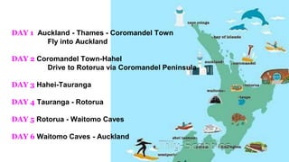 DAY 1 Auckland - Thames - Coromandel Town
Fly into Auckland
DAY 2 Coromandel Town-Hahel
Drive to Rotorua via Coromandel Peninsula
DAY 3 Hahei-Tauranga
DAY 4 Tauranga - Rotorua
DAY 5 Rotorua - Waitomo Caves
DAY 6 Waitomo Caves - Auckland
 