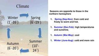 Seasons are opposite to those in the
northern hemisphere
1. Spring (Sep-Nov): from cold and
frosty to warm and hot.
1. Summer (Dec-Feb): high temperatures
and sunshine.
1. Autumn (Mar-May): cool
1. Winter (June-Aug): cold and more rain
 