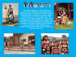 The Maori people are the indigenous
people of New Zealand. Maoritanga is the
native language. It is believed that the Maori
migrated from Polynesia in canoes about
the 9th century to 13th century AD. The
Maoris lived in tribes called ‘iwi’. They lived
in villages and were fishermen, hunters and
framers. The present Maori population has
increased to about 250,000 and the Maori
live in all parts of New Zealand, but
predominately in the North Island where the
climate is warmer.
 