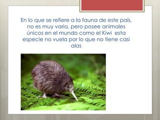 En lo que se refiere a la fauna de este país,
no es muy varia, pero posee animales
únicos en el mundo como el Kiwi esta
especie no vuela por lo que no tiene casi
alas
 