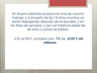 En Nueva Zelanda el personal vive de mucho
trabajo, y a la partir de los 15 años muchos ya
están trabajando después de la escuela, y en
los fines de semana, y así van hasta la edad de
65 años cuando se jubilan.
 En el 2011 contaba con PIB de $159,7 mil
millones
 