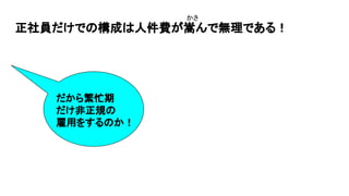 正社員だけでの構成は人件費が嵩んで無理である！
だから繁忙期
だけ非正規の
雇用をするのか！
かさ
 