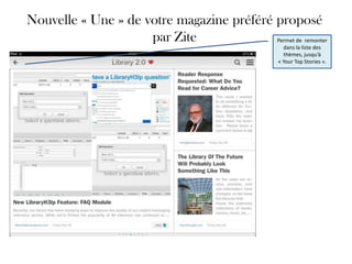Nouvelle « Une » de votre magazine préféré proposé
                     par Zite              Permet de remonter
                                                     dans la liste des
                                                     thèmes, jusqu’à
                                                   « Your Top Stories ».
 